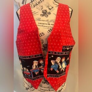Raggedy Ann & Andy Vintage Reversible Vest Handmade Pockets Red Black Polkadot